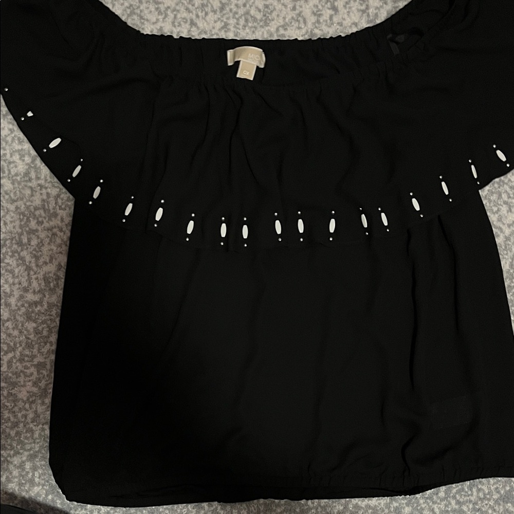 Michael Kors Women's Black Ruffle Collar Shirt Silver White Beads 0x NWT